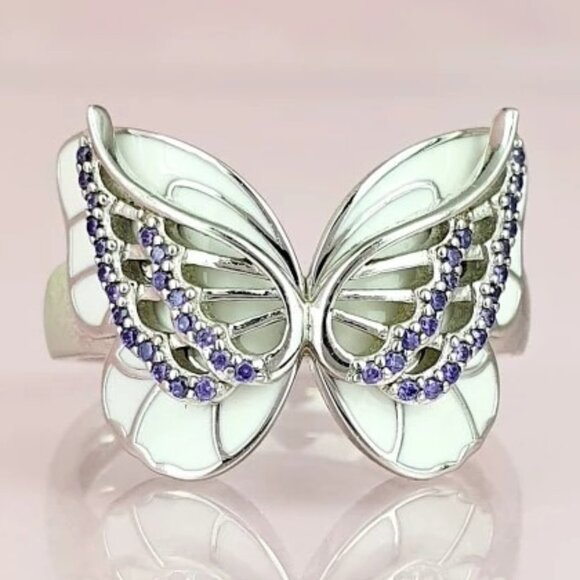 🎁Sweet White Butterfly Anillos Silver Plated Ring for Women/Girl, UNVN12339 - Picture 1 of 15